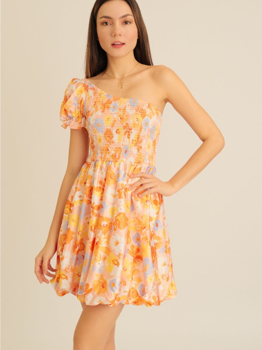 Moonsea One-Shoulder Floral Mini Dress in Orange, Blue and Cream